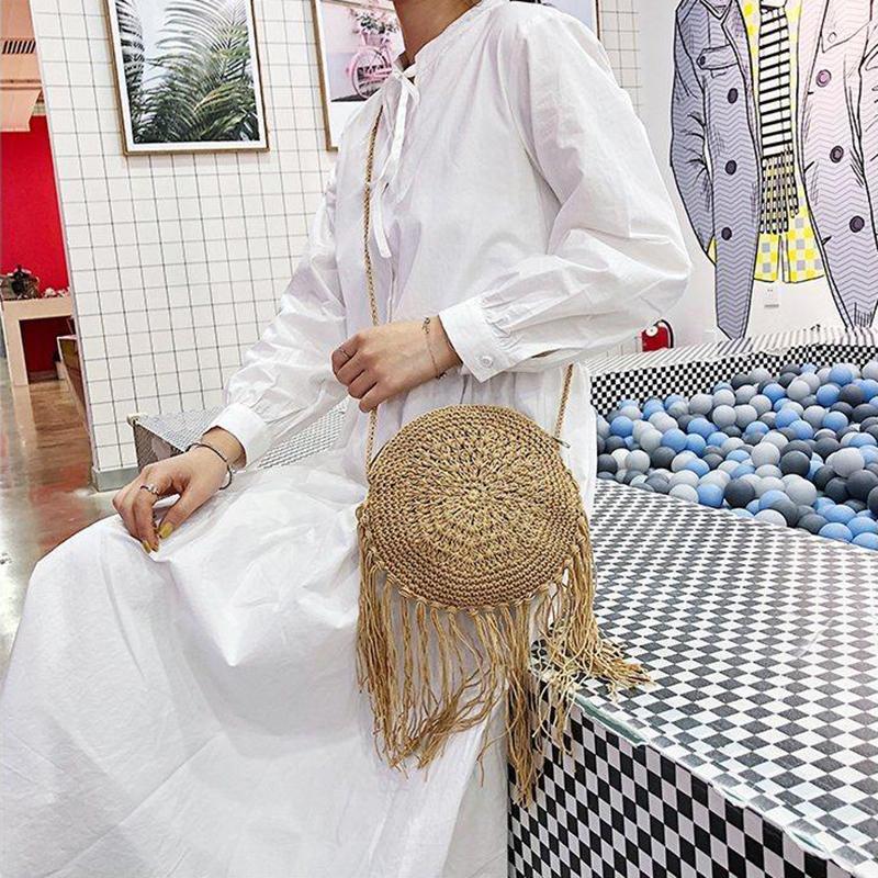 Yogodlns Fashion Round Hand-woven Woman Shoulder Bag Summer Travel Shopping Straw Beach Bags Tassels Female Small Messenger Bag