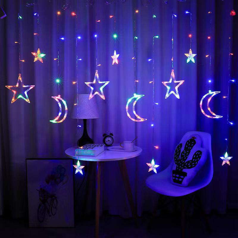 Outdoor Solar LED Star and Moon String Lights - Decorative Holiday Fairy Curtain Lights