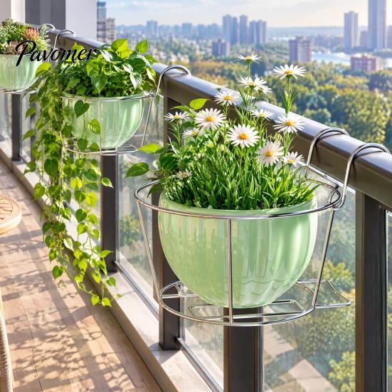 Hanging Railing Planter Holder Holder, Stainless Steel Flowerpot Hanger with Detachable Outdoor Garden Organizer Hook, Round Plant Pot for Balcony