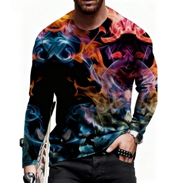 Spring and Autumn Round Neck 3D Abstract Art Printed Top Fashionable Casual Long Sleeved Men's T-shirts