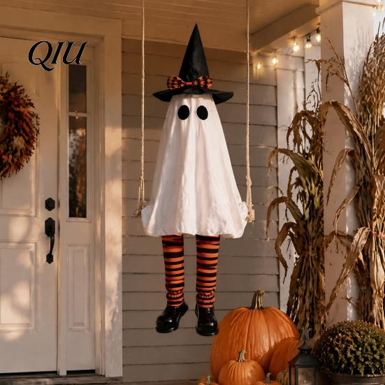 Halloween-Eingangsbereich Dekoration Hängende Schaukel Geist Dekoration, Leuchtend Große Schaukelnde mit Beleuchtetem Veranda Hexenhut Und Gestreiften Beinen für den Garten