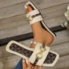 Foreign trade large size flat bottom square head fashion cool slippers 2025 summer metal bow open-toed beach women's slippers