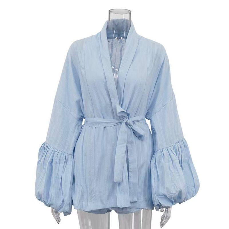 

Fashion Style New Arrival Fashion Loose Striped Lace-up Shirt Shorts Suit Shirt and Shorts Set Blue L
