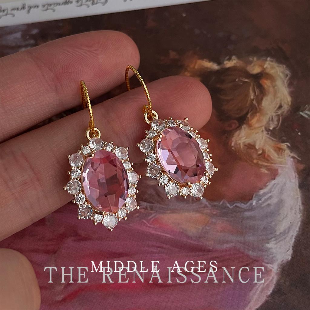 Medieval Renaissance Miniature Zircon Medieval Court Retro Earrings Pink Gemstones French Earrings