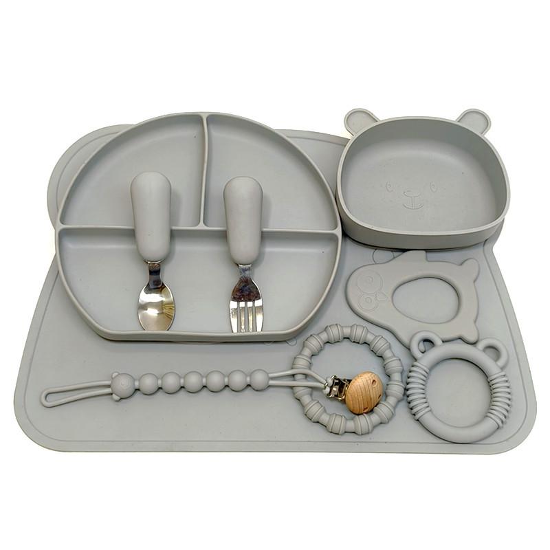 Silicone Baby Fork Spoon Plate Set With Suction Cup Children Eating Bowl Baby Supplementary Tableware Set