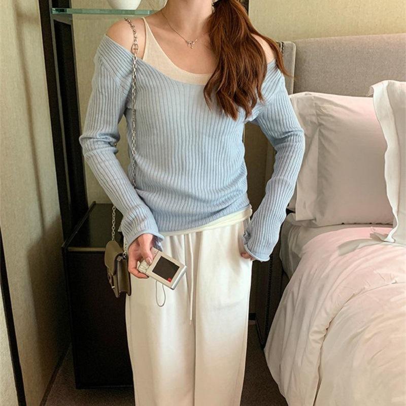 

Топ-двойка с ложным эффектом, дизайн с длинными рукавами, чувство дизайна, контрастная цветная вставка, высококачественный вязаный свитер с открытыми плечами, тонкий облегающий базовый One Size F