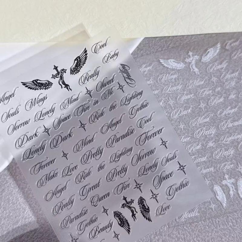 Чорно-білі літерні слова наклейки для нігтів Ангельські крила Змішані дизайни літер Голографічні Y2K Наклейки для декору нігтів своїми руками