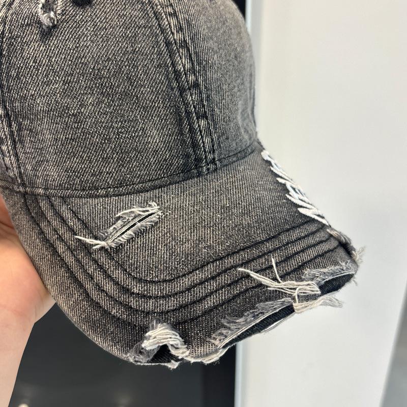 Letter embroidery washed denim baseball cap women's American retro ripped old cap soft top big head circumference hat
