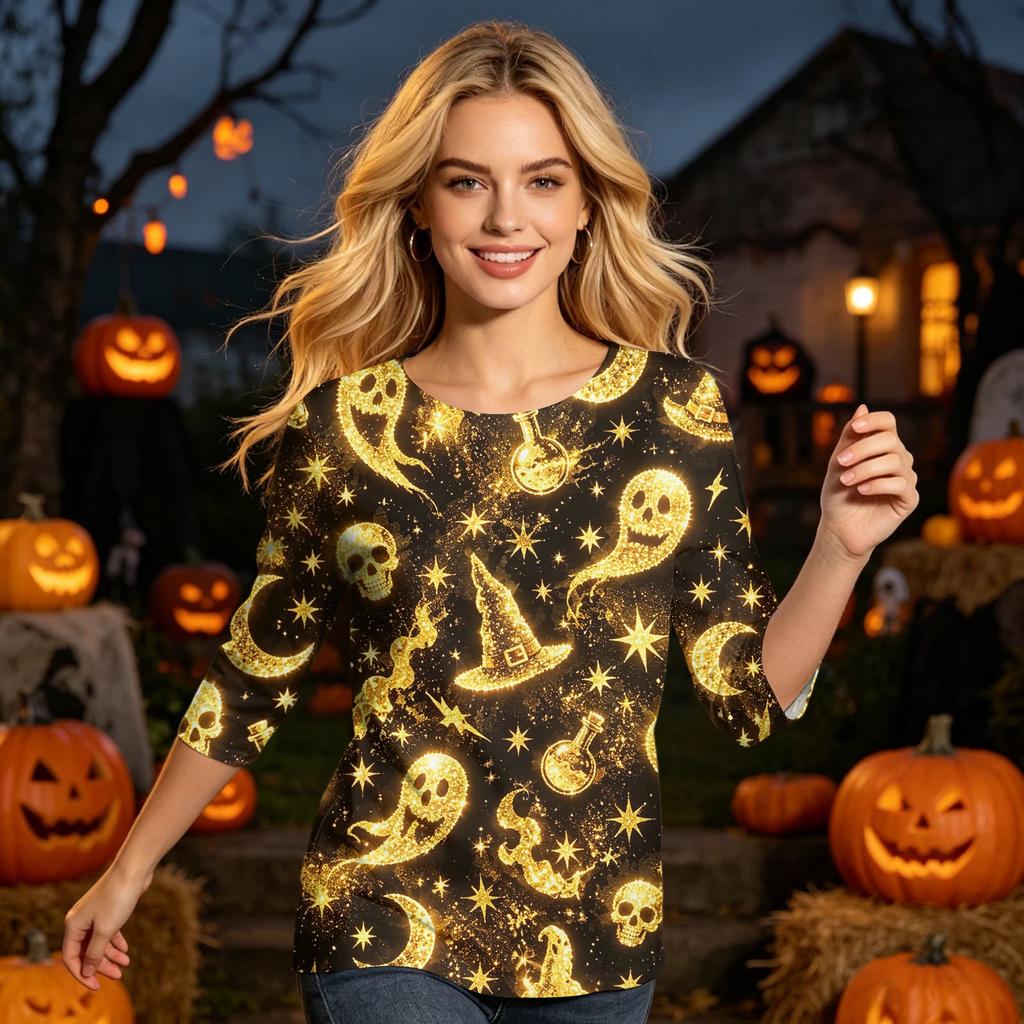 Womens Casual Halloween Print Round Neck Three Quarter Sleeve Top Lightweight Soft Fabric Pullover Shirt for Everyday Wear