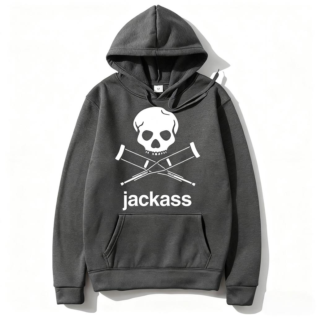 Schwarzer Hoodie mit Jackass-Logo-Print, Streetwear-Stil, lässiges Sweatshirt, modisch für Damen und Herren, Vintage-Look, locker geschnitten, für Herbst und Winter.