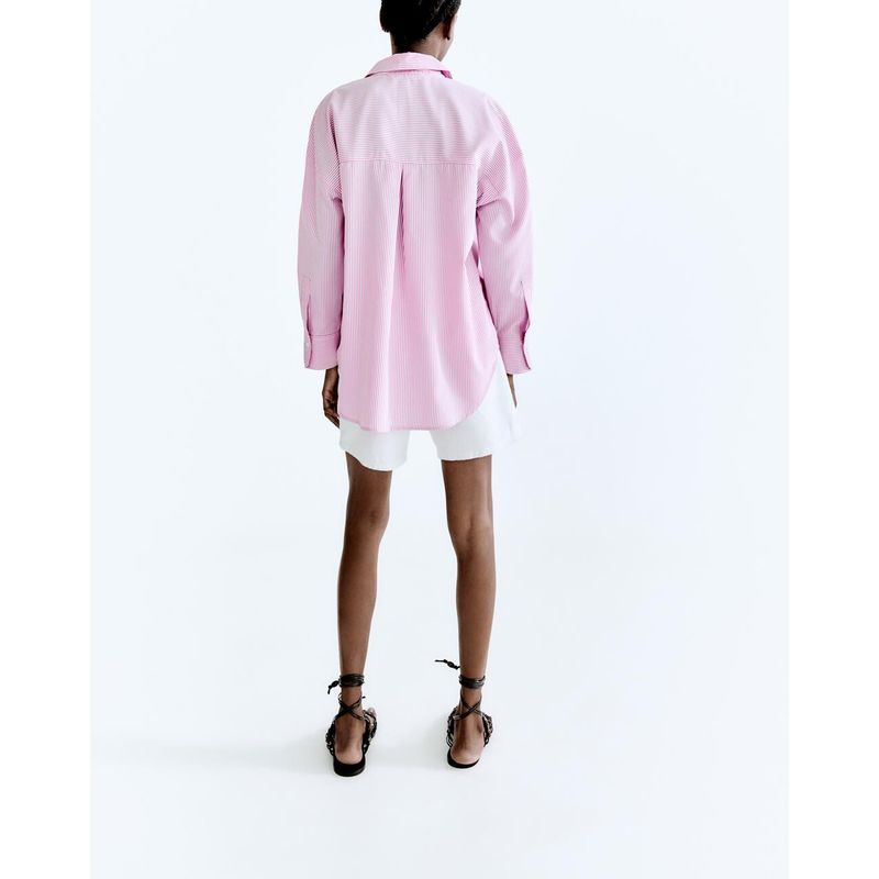Autumn Loose Pink Long Sleeve Stripes Poplin Bottoming Shirt