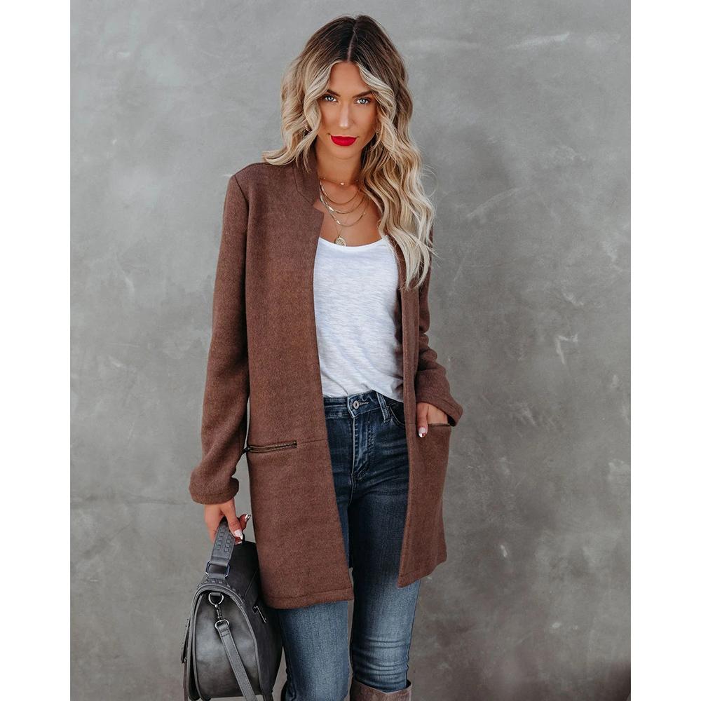 Autumn and Winter Women's New Coat Solid Color Long-sleeved Cardigan Jacket Suit Collar Woolen Coat Female