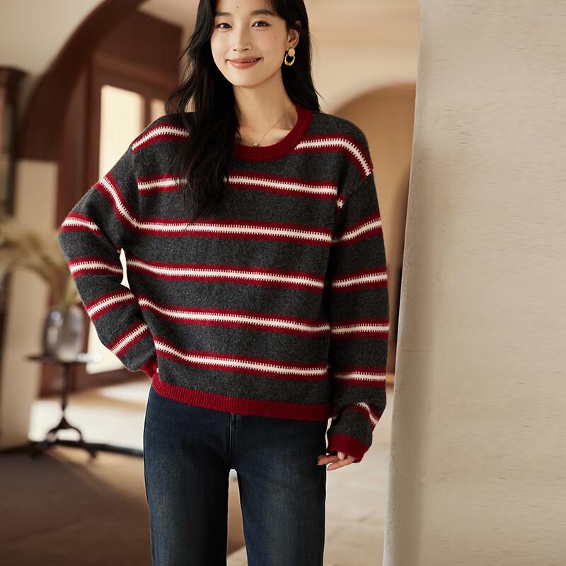 VICTORIA&VERA Women's Raccoon Velvet Wool Blend Striped Round Neck Long Sleeve Knitted Sweater