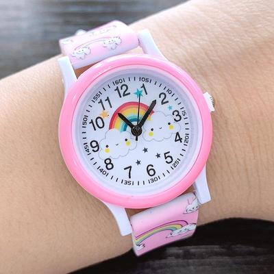 Kinderuhr mit Regenbogenwolken-Print, Silikonband, Mädchen, süße Cartoon-Quarzuhr, Jungen-/Mädchen-Uhr