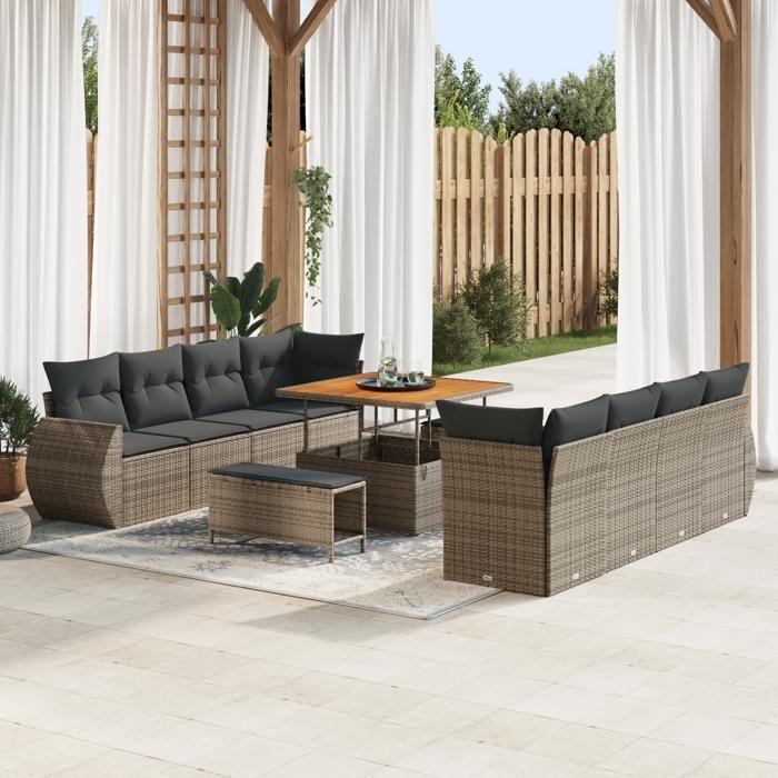 VidaXL Ensemble de Canapés de Jardin 11 Pièces avec Coussins Gris Rattan Poly 3363808