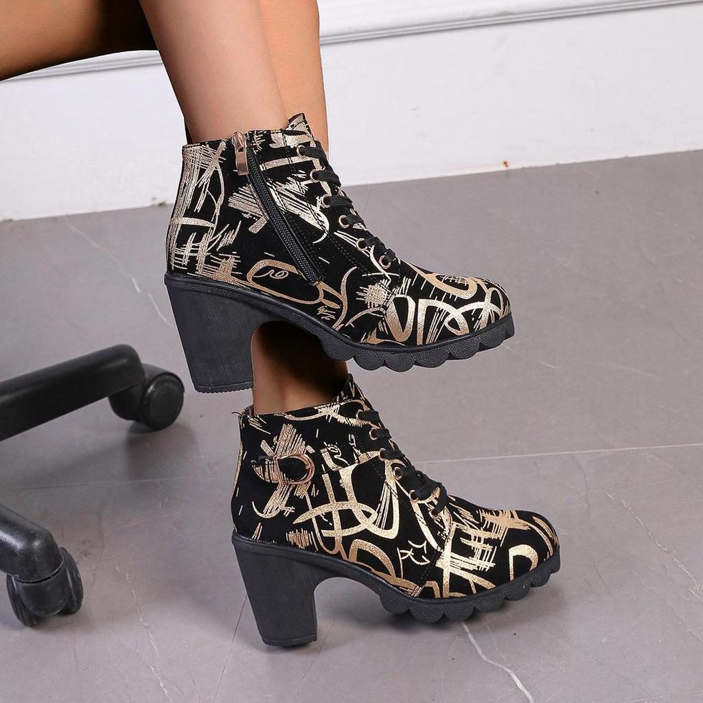 Autumn Winter Plus Size Women's PU Printed Graffiti Thick Soled Snow Boots Comfortable Warm Round Headed Short Tube Martin boots 36-42