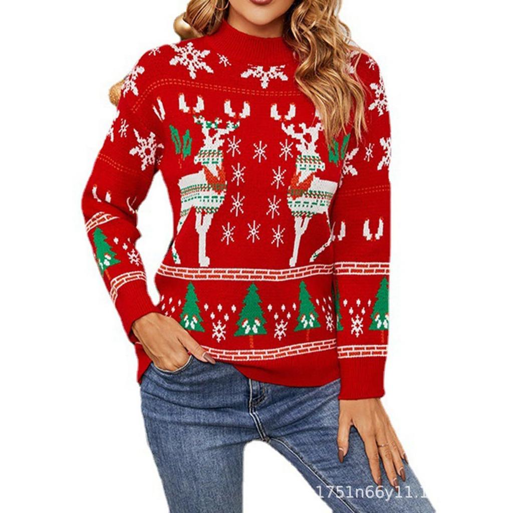 European and American women's casual Christmas series waffle 1D printing autumn and winter new crew neck sweater