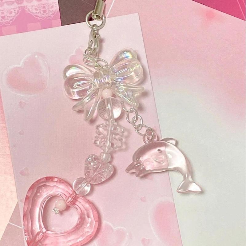 Heart Bowknot Dolphin Pendant Phone Charm Hangings Rope Sweet Phone Chain Strap Bag Decoration Keychain Accessory