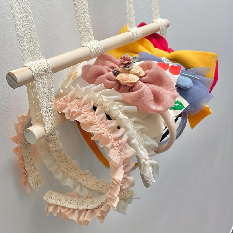 Wall-Mounted Hair Accessories Organizer Macrame Canvas Hanger with Multiple Hooks for Bows, Scrunchies & Clips Storage Display Rack, Hair Accessories