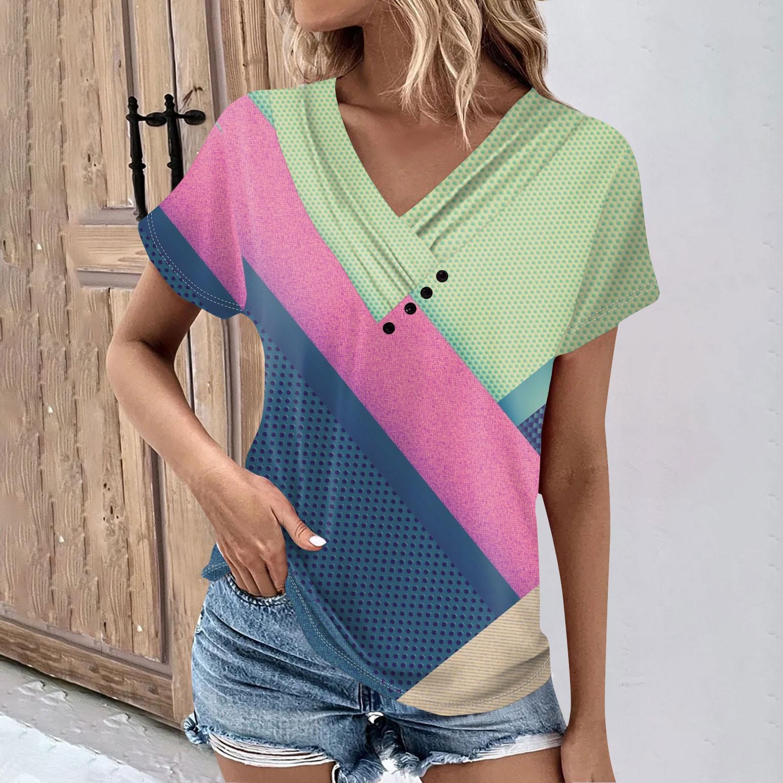 

Женская весенне-летняя модная футболка с принтом в стиле ретро, ​​плиссированный топ на пуговицах с v-образным вырезом и короткими рукавами L