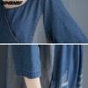 Dimanaf Women 2023 New Summer Dress Denim Long Sleeve Dress Elegant Loose Blue Basic O-Neck Dresses