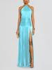 Metalic Sheen Elegant Sleeveless Backless Dress With Slit For Party And Evening Wear