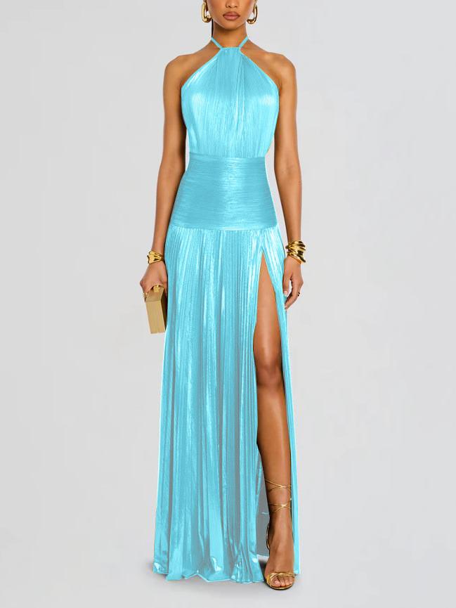 Metalic Sheen Elegant Sleeveless Backless Dress With Slit For Party And Evening Wear