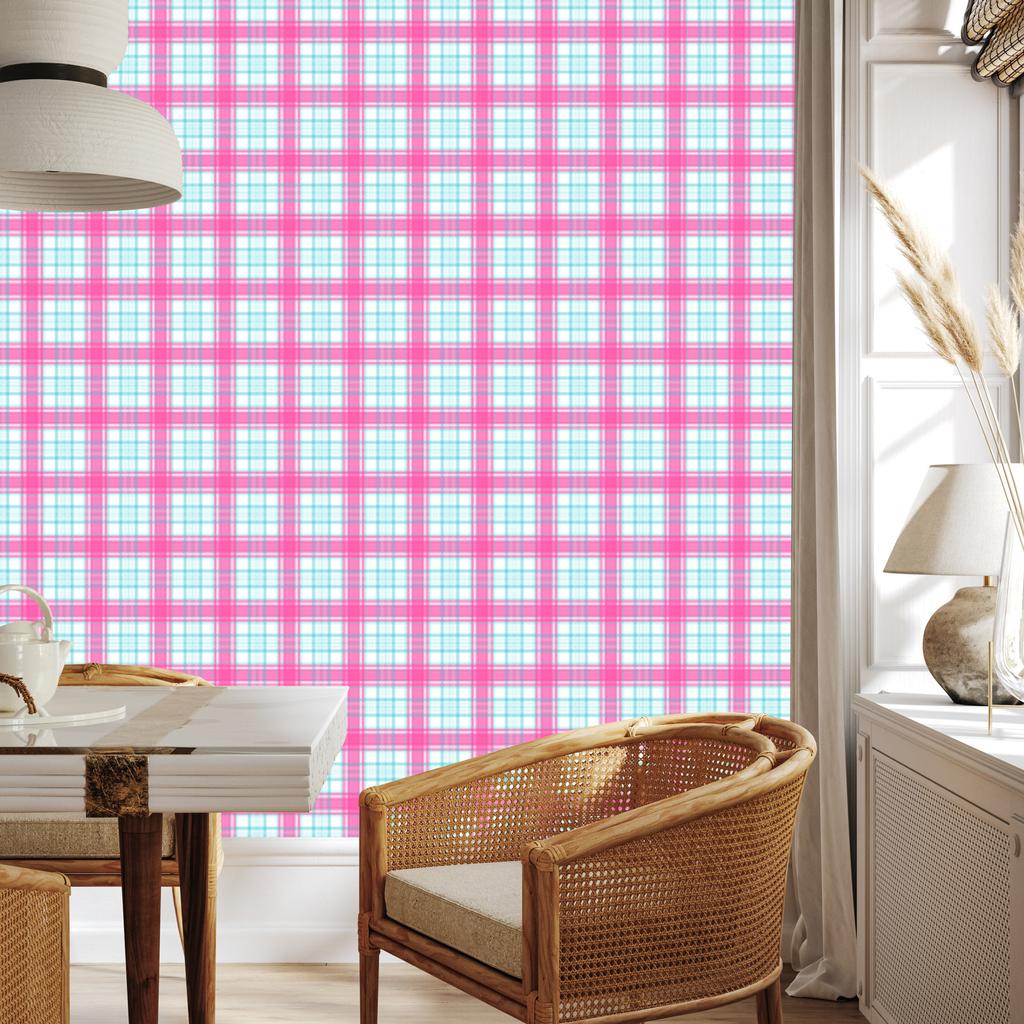Pink and blue checkered wallpaper powder pink, celadon and white 50x1000