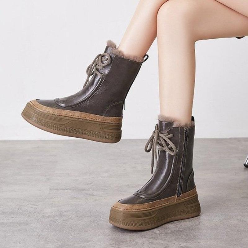 Thick-soled Fleece Snow Boots for Women, Fleece Thickened Height-increasing Mid-calf Boots, and Warm Cotton Shoes