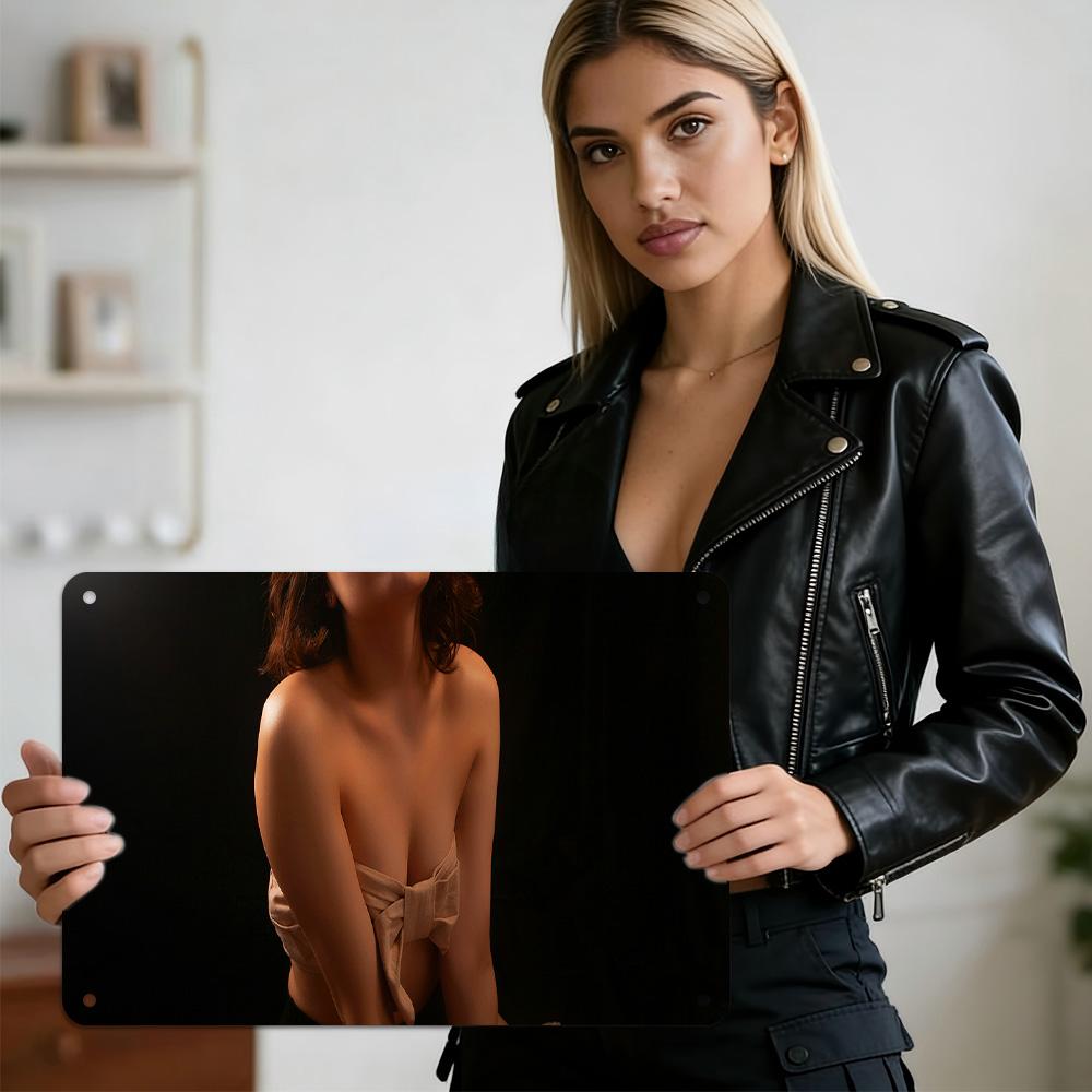 

HD Metal Tin Sign Elegant Studio Portrait of Woman in Beige Bow Top with Warm Soft Lighting Minimalist Feminine Art Wall Decor 20x30cm（7.8x11.8inch）