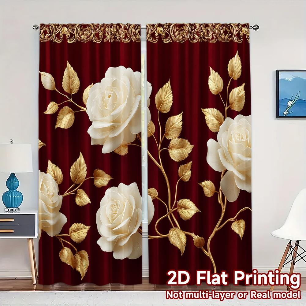 

2D Flat Printing JIT 2pcs Curtains (Without Rod) Golden Roses Popular Window Curtain Durable Polyester Curtains Home Decor 100*130 HOOK 1pcs