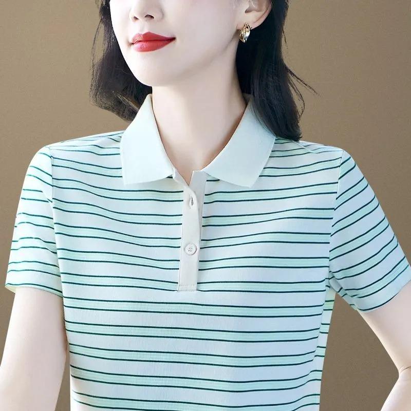 Women Striped Polo Collar Short Sleeve T Shirt Four Colors Available