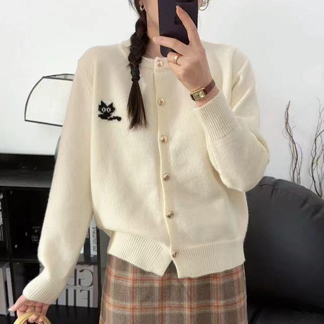 Grey Round Neck Wool Cardigan Jacket for WomenLoose Kitten Knitted Sweater Short Style