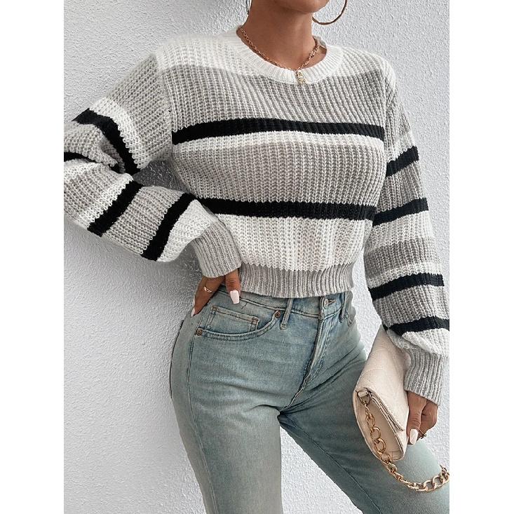 2026 Autumn and Winter Hot Sale New Acrylic Loose Drop Shoulder Round Neck Color Matching Knitted Long Sleeve Ladies Sweater