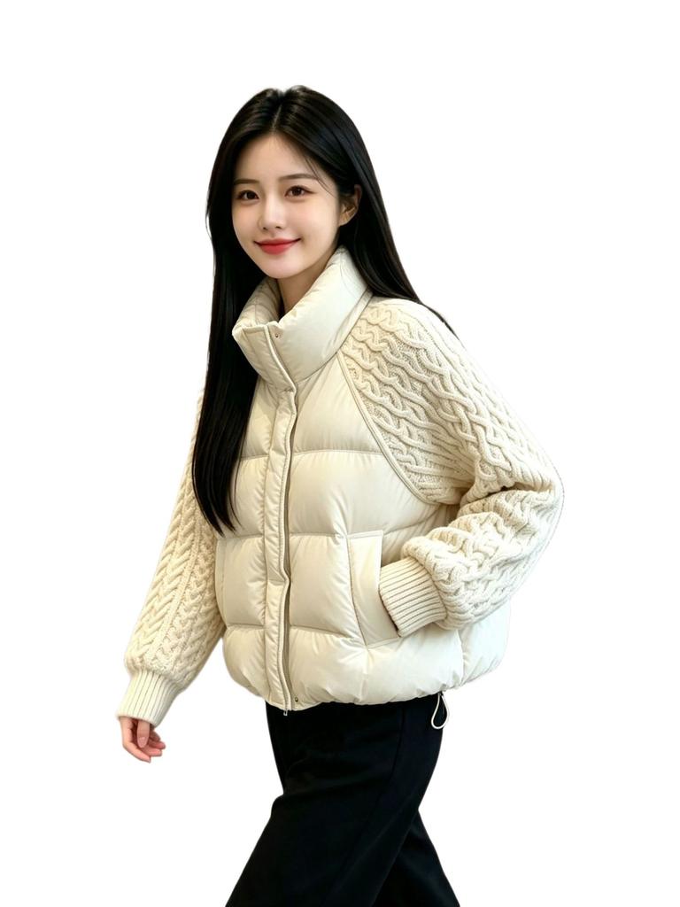 Short Stand-up Collar Cotton-padded Jacket Women's Knitted Splicing Sleeves Autumn and Winter Loose Cotton-padded Clothing Brick and Mortar Store Mult