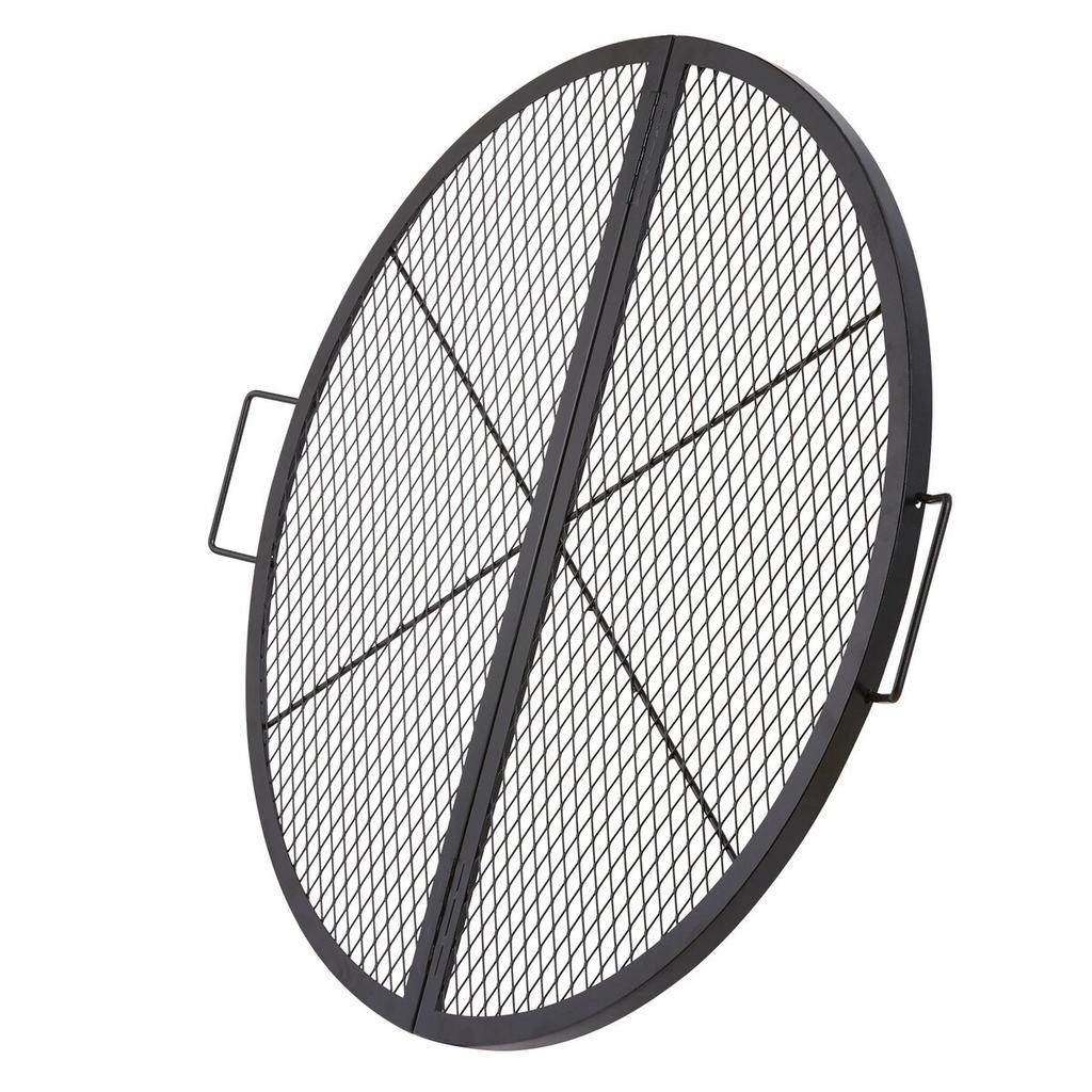 X-Marks Fire Pit Grill Grate, Foldable Round Cooking Grate, Heavy Duty Steel Campfire BBQ Grill Grid with Handle and Support X Wire, Portable Camping