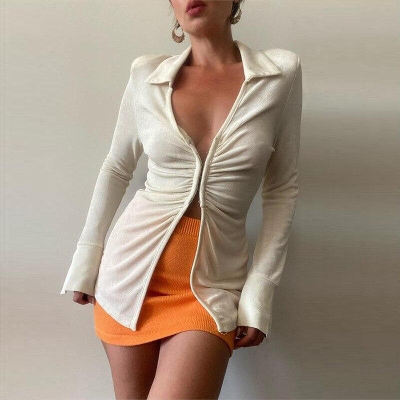 

2021 синий сексуальный женский укороченный топ Y2k с v-образным вырезом, повседневная летняя зеленая футболка с длинными рукавами и рюшами, модная женская футболка, винтажные топы L грязно-белый