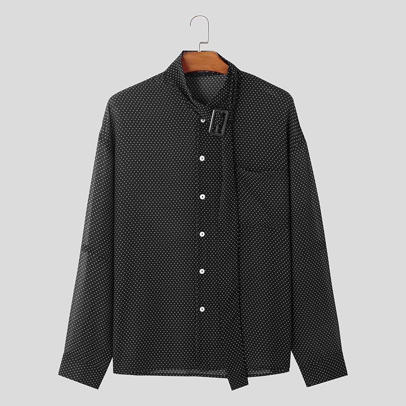 

INCERUN Men Tie Up Long Sleeve Semi-Sheer Polka Dots Shirts Tops 3XL чёрный