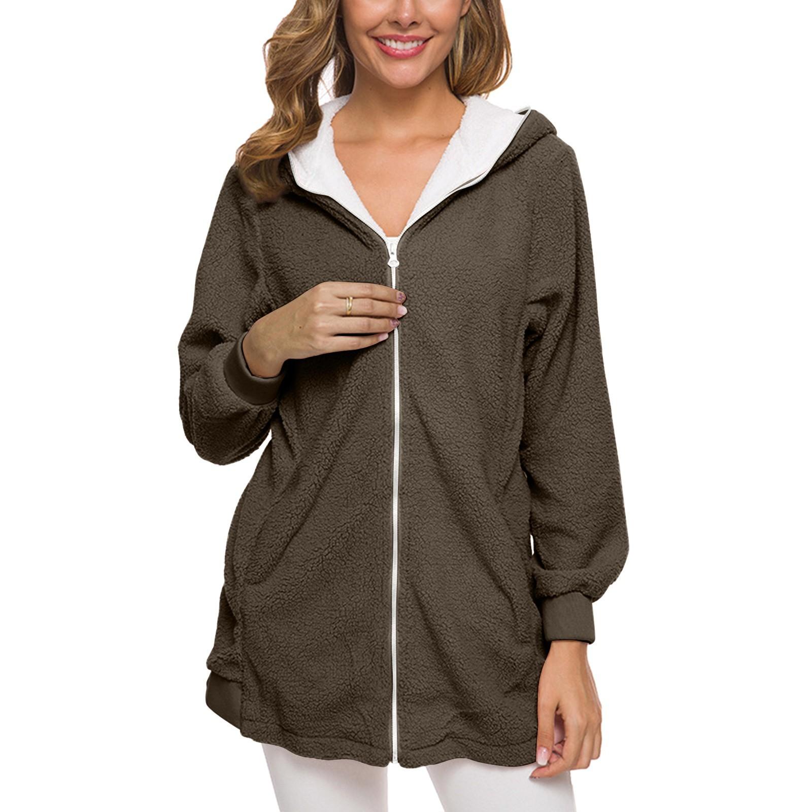 

Женская мода повседневная однотонная куртка с капюшоном на молнии из овечьей шерсти кардиган свитер XXXL