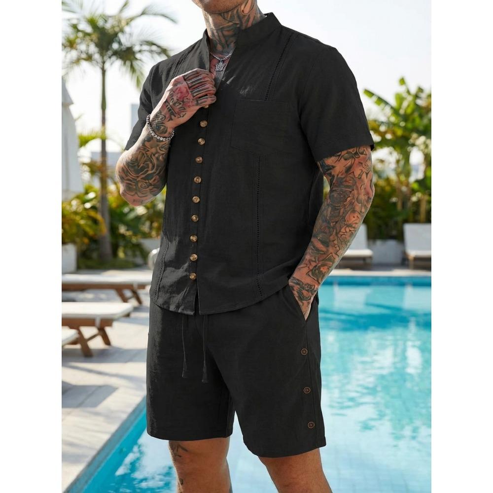 New Men’s Plain-coloured Vintage-style Casual Linen Short-sleeved Shirt and Shorts Set