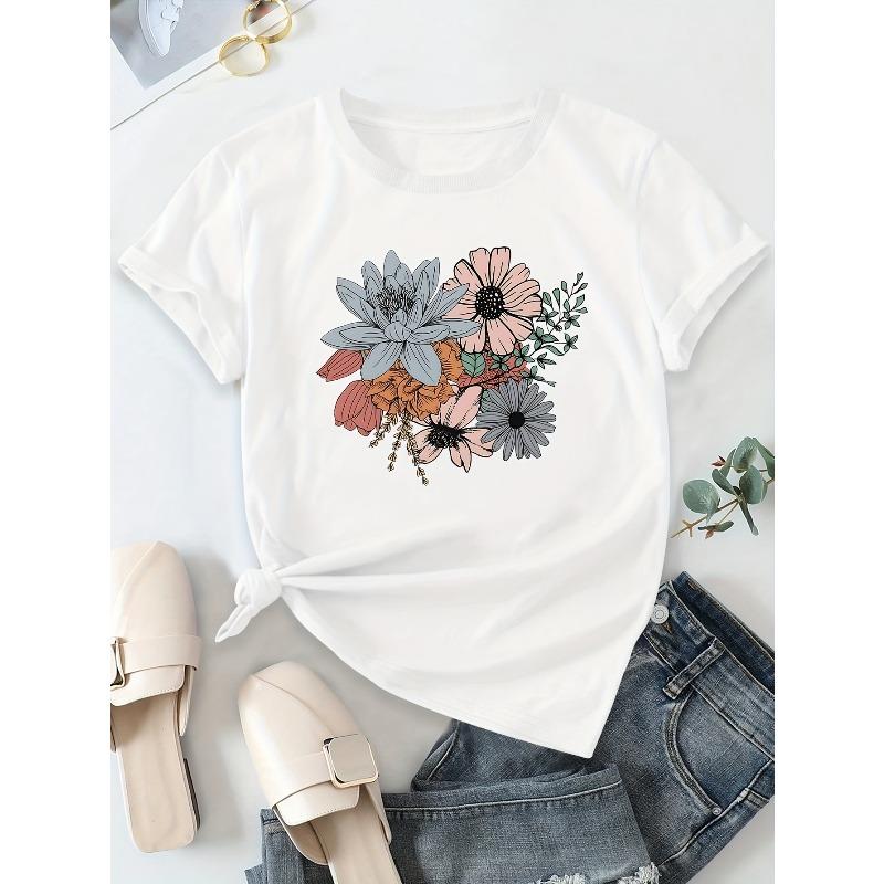 European Size  Pattern Printed Casual Round Neck Short Sleeve T-shirt Summer New Women's Wear