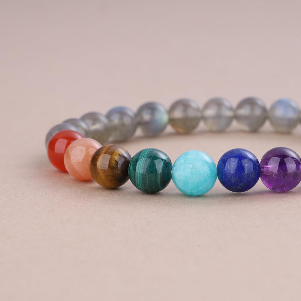 Koai 8mm Labradorite Chakra Power Stone Bracelet for Men Seven-Color