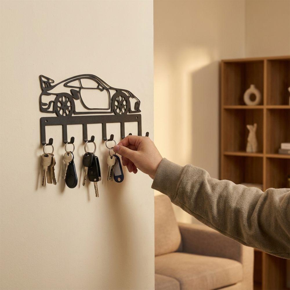 Sturdy 6 Hooks Metal Car Key Holder Black Minimal Cutout Race Car Hook Garage