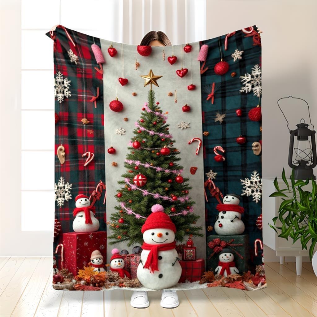 Comfortable flannel shawl blanket - Christmas snowflake and reindeer pattern,soft red and black plaid,suitable for sofas or beds