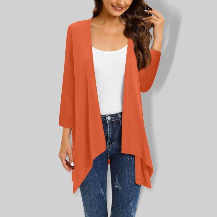 Gradient Print Women's Cardigan Jacket With Pocket Irregular Three Quarter Sleeve