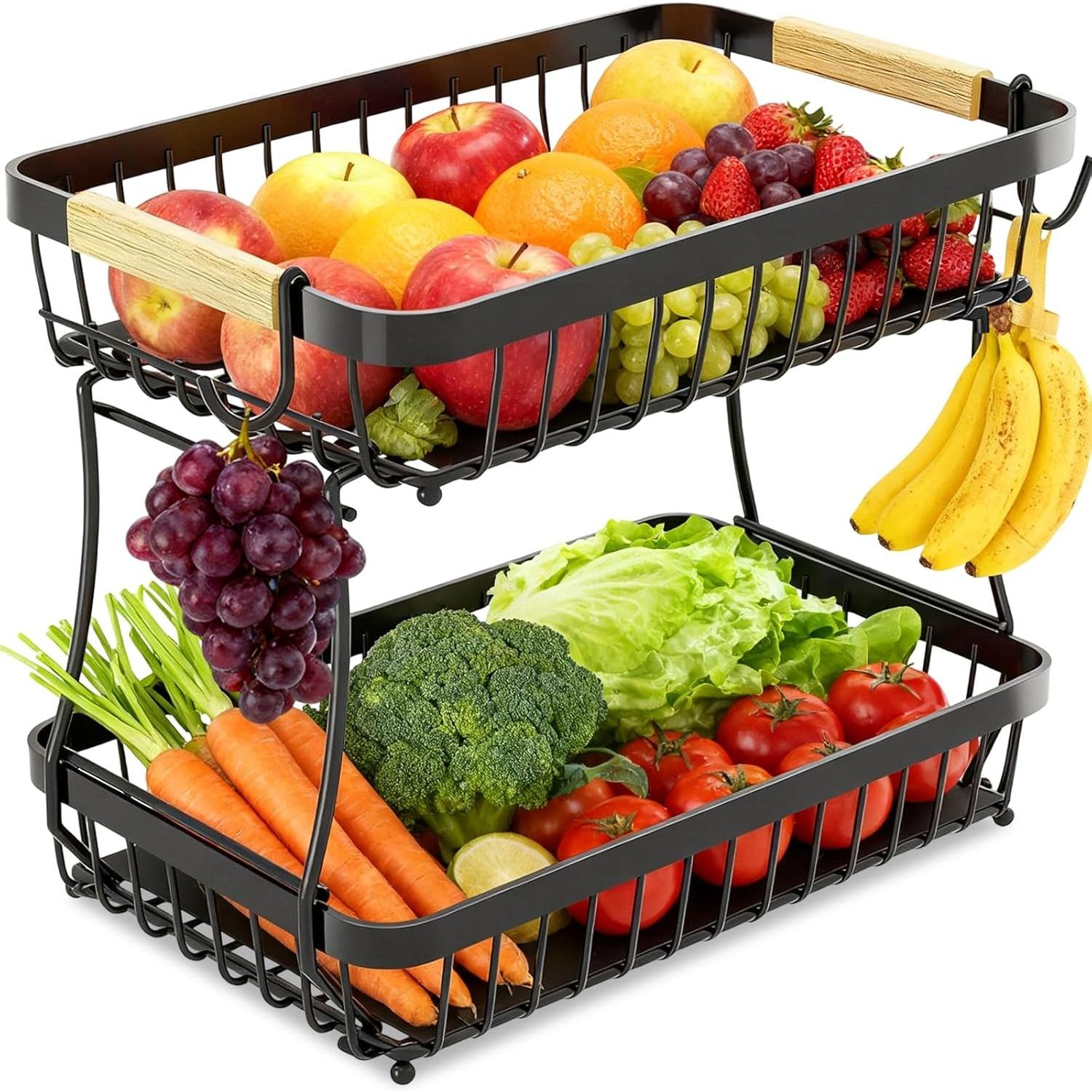 2 Tier Fruit Basket Bowl Stand with 2 Banana Holder Hanger, Rectangular Detachable Black Metal Wire Veg Organizer, Kitchen Countertop Vegetable чёрный