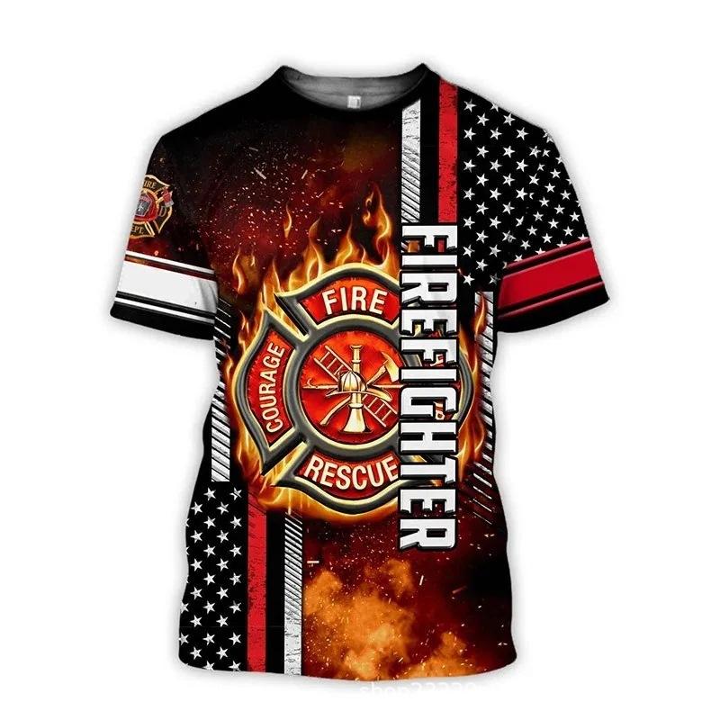 Firefighter Fire Simulation Drill Pattern 3D Print Cross-border New Men's Casual Short-Sleeve T-Shirt Factory Direct Sale