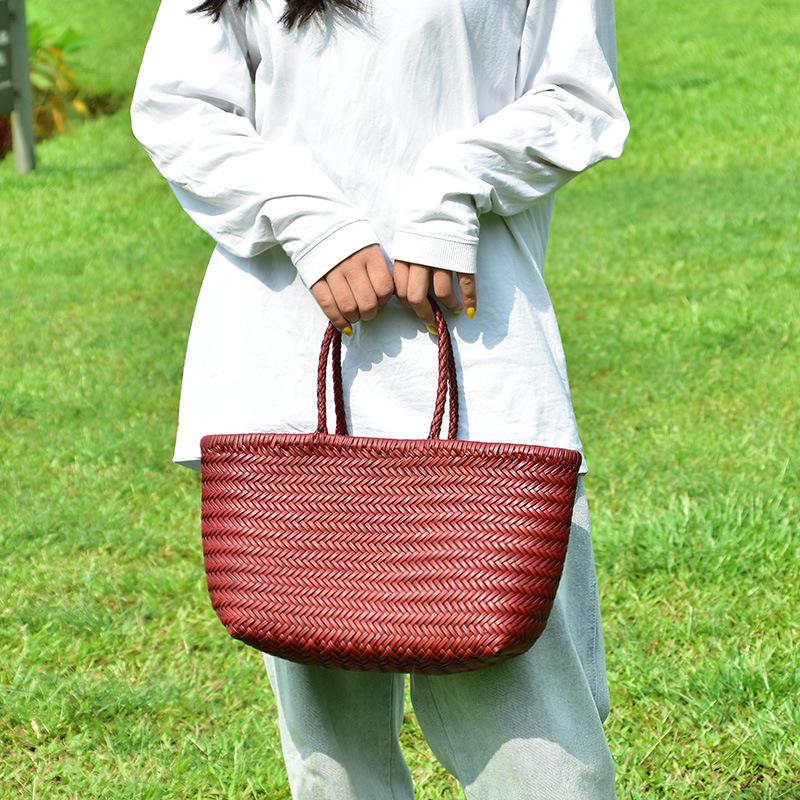 Dragon Diffusion Women's Genuine Leather Woven French Basket Bag