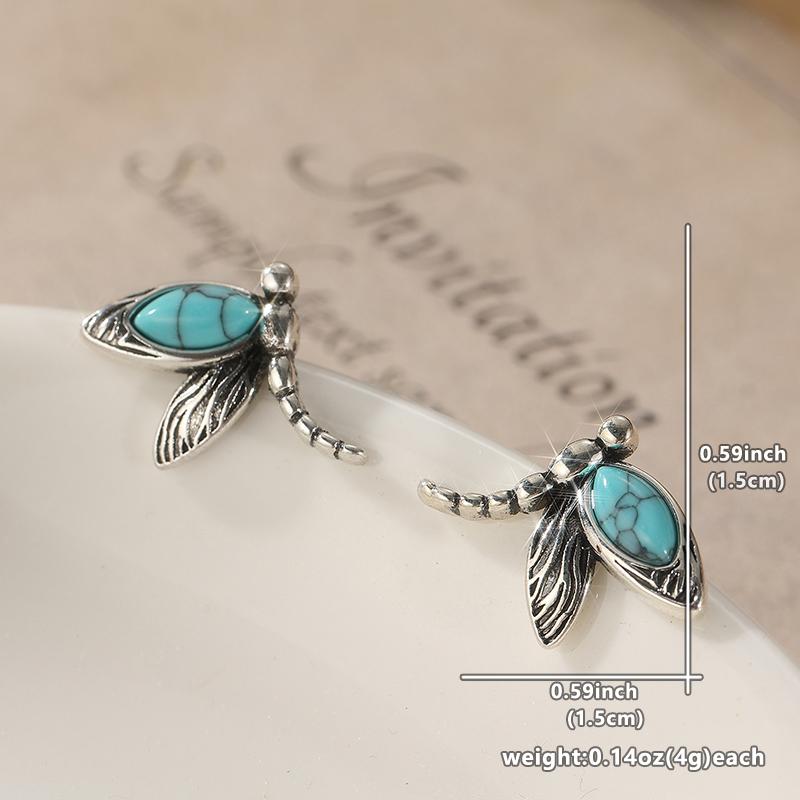 Vintage Silver Color Metal Carving Dragonfly Earrings Ethnic Inlaid Imitation Turquoise Stud Earrings for Women Jewelry