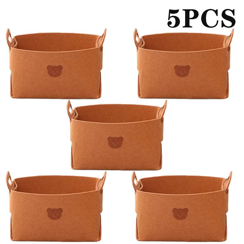 5PCS Bear Felt Storage Basket Large Capacity Foldable Clothes Organizer Snacks Toys Storage Basket Desktop Sundry Organizer